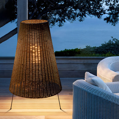 Rattan Tapered Drum Tripod LED Outdoor Floor Lamp IP65 Glass Diffuser 3000K 40W