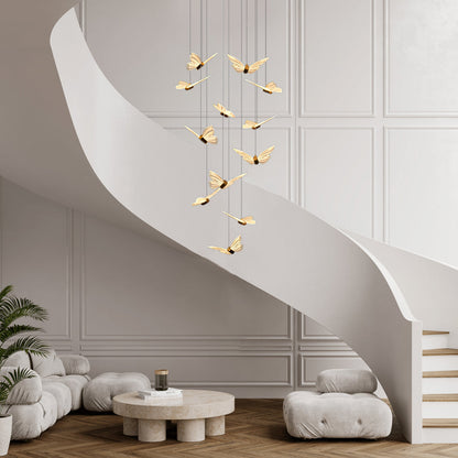 Staircase Chandelier Iron Aluminum Acrylic Butterfly Black Gold Electroplated Integrated LED Modern Retro 3-Step Colour Temperature Five Configurations 9-Light to 30-Light