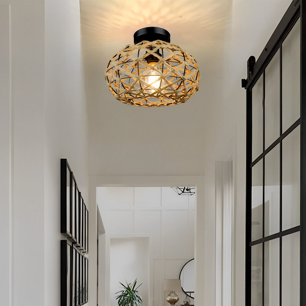 Hand-Woven Rope Cage Semi-Flush Mount Ceiling Light — Retro Rustic Beige Iron E26 E27