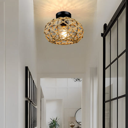 Hand-Woven Rope Cage Semi-Flush Mount Ceiling Light — Retro Rustic Beige Iron E26 E27