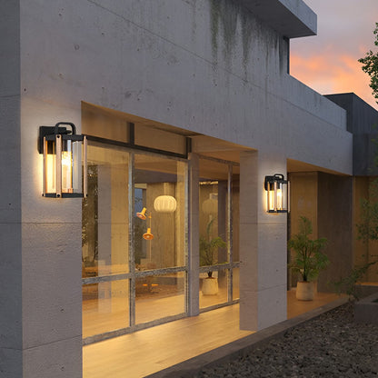 Industrial Outdoor Wall Lantern Die-Cast Aluminum Iron Wood Grain Stand Glass E27 3000K Black Courtyard Villa