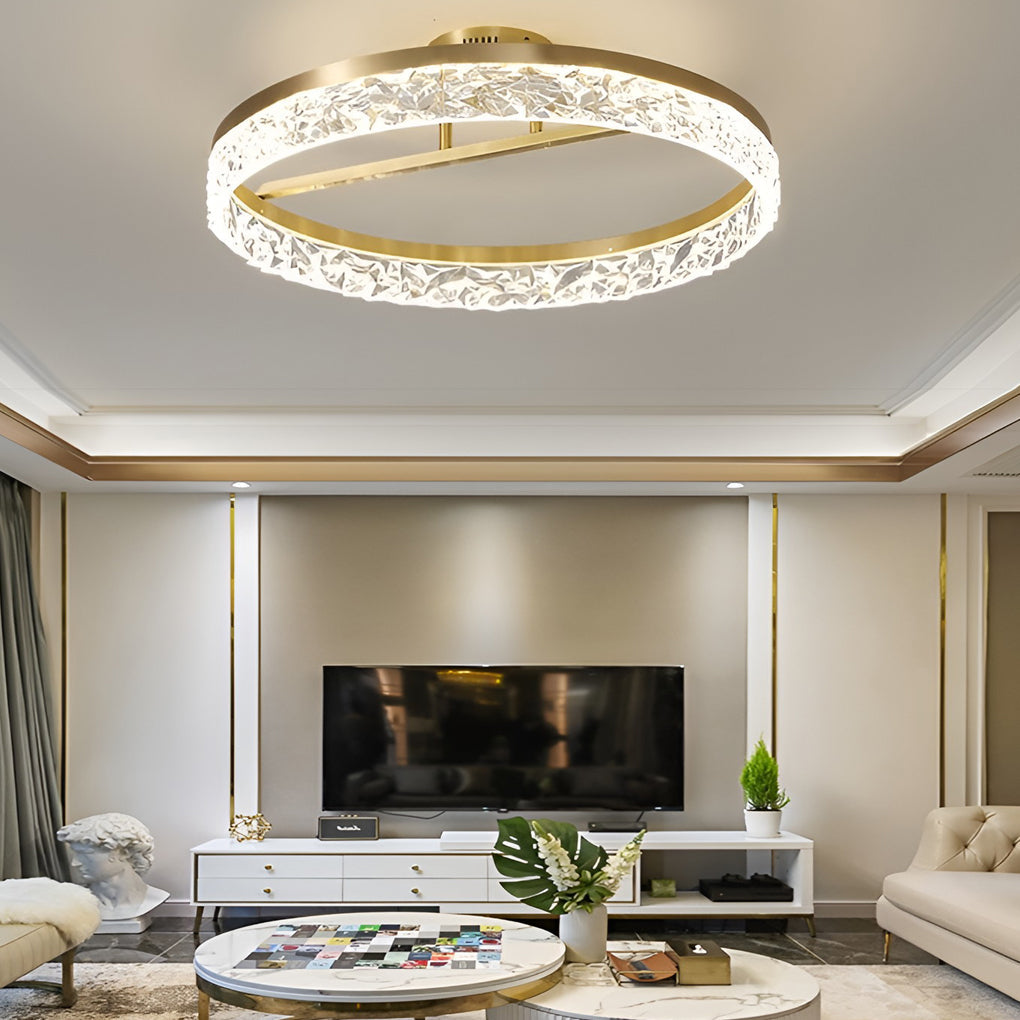 Minimalist Round LED Semi-Flush Mount Ceiling Light Modern Copper Acrylic Gold 3 Step Dimmable 20 Inch