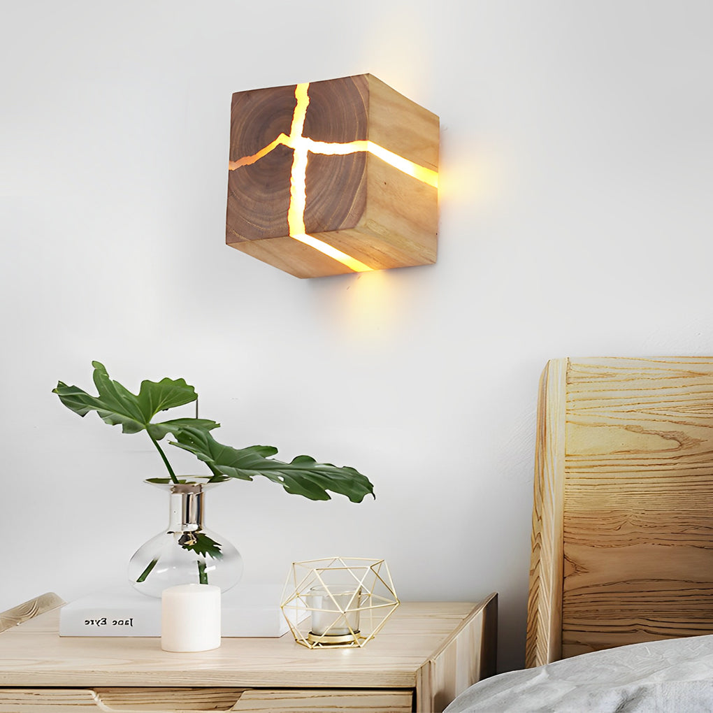 Rustic Wood Cube Wall Sconce Cracked Grain LED Square Bedroom Living Room