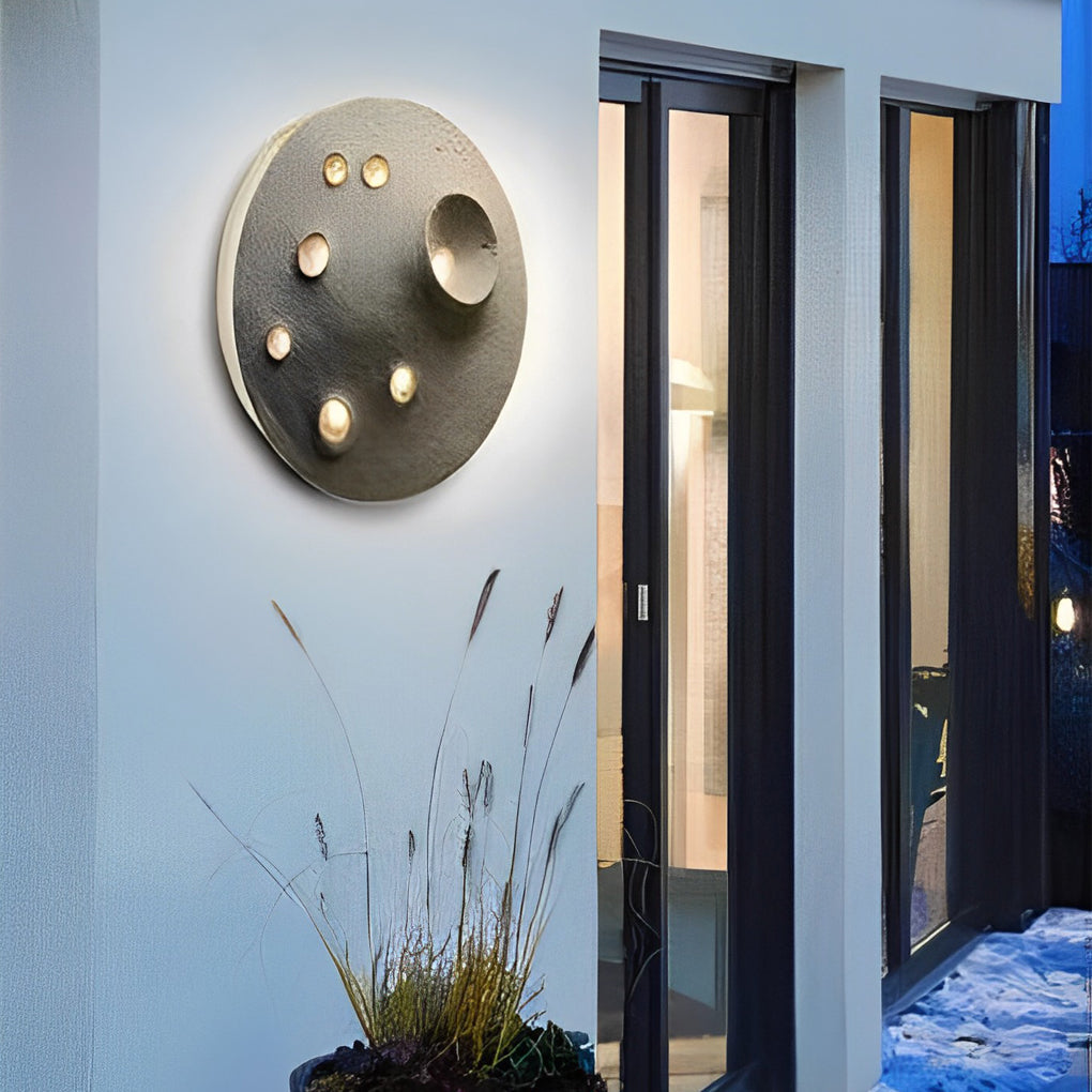 Modern Outdoor Wall Sconce Round Stone Cement Lunar Crater LED IP65 Gray Industrial 12 18 Inch