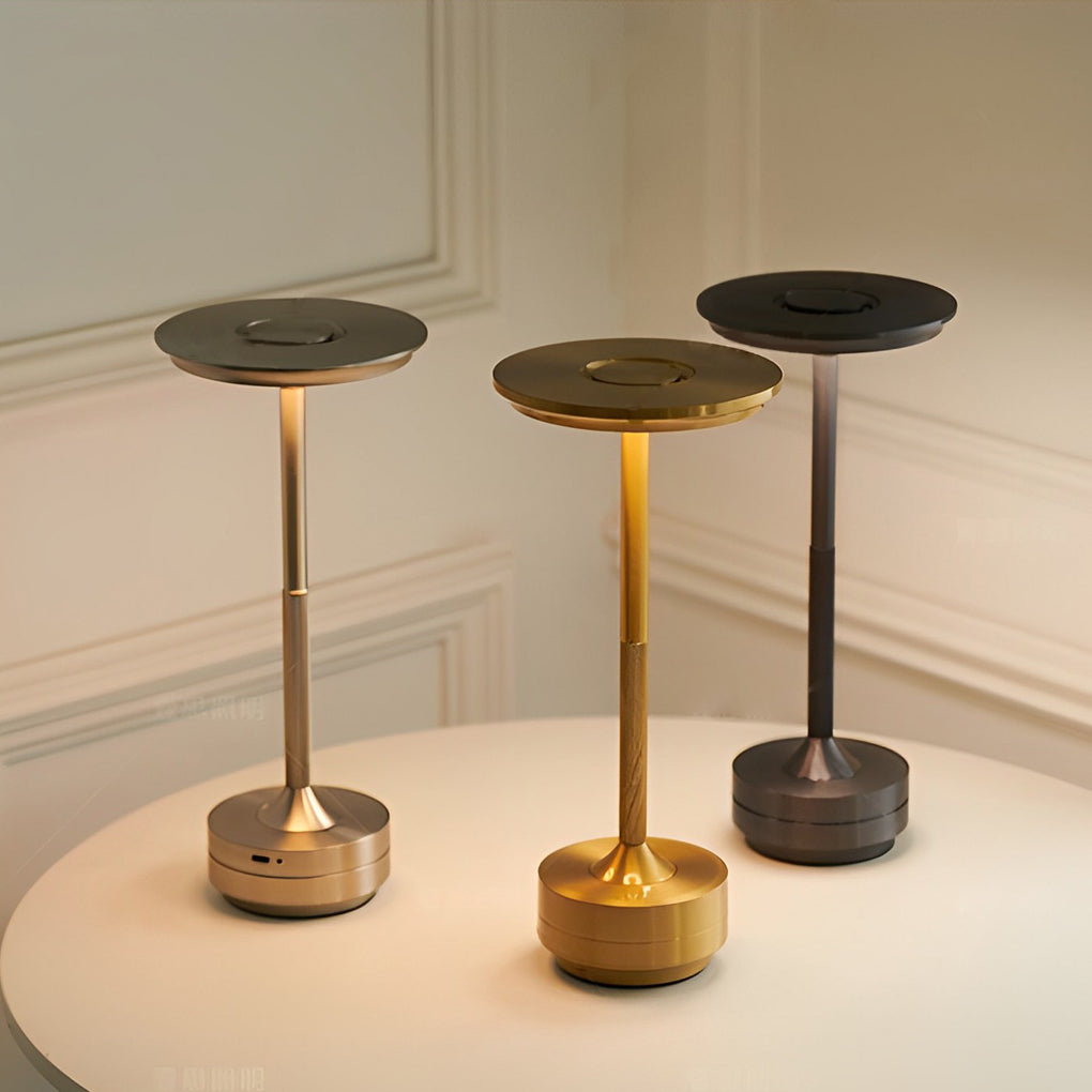 Rechargeable UFO Disc Table Lamp Polished Metal 3-Step Dimming Touch Cordless Gold Silver or Black