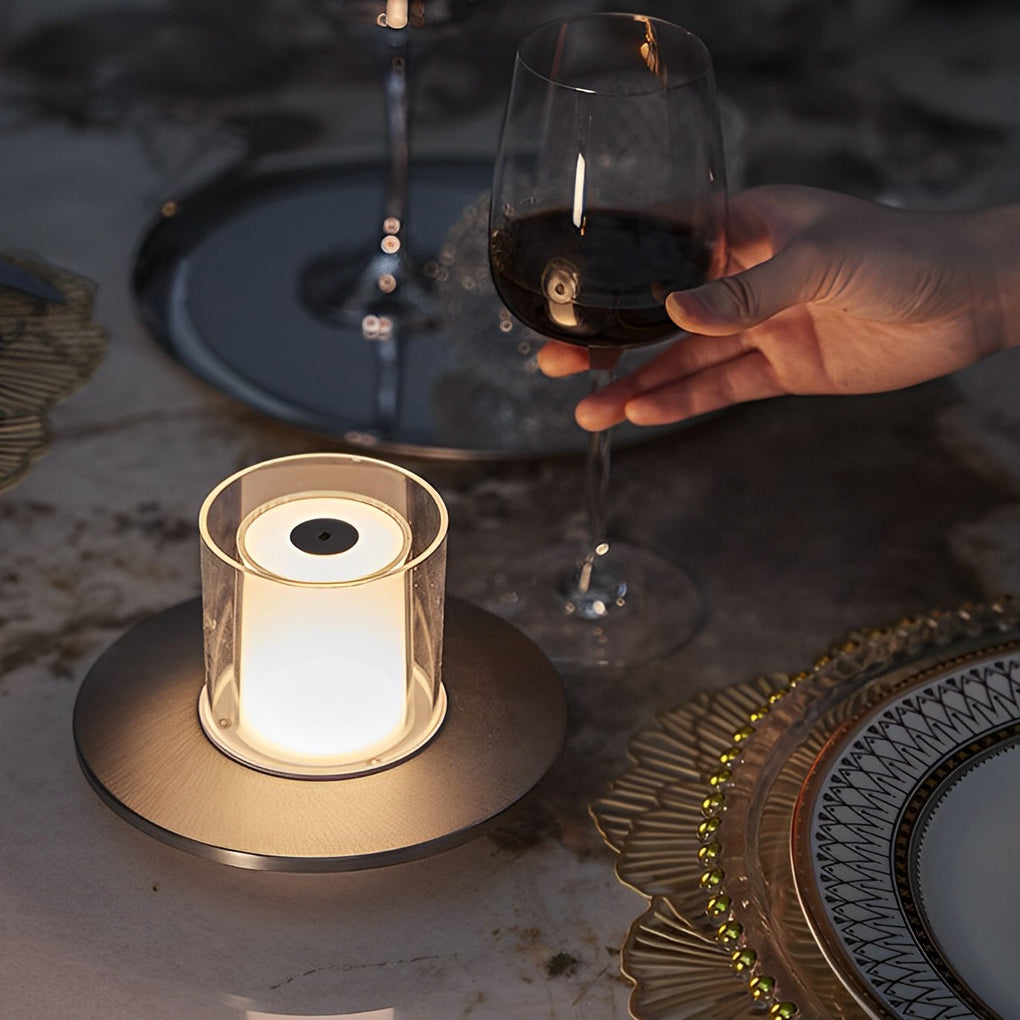 Modern Rechargeable LED Table Lamp Candle Cylinder 2400K Touch Infrared Dimmable Cordless Brass Nickel Dish Base Bedside 4 Inch