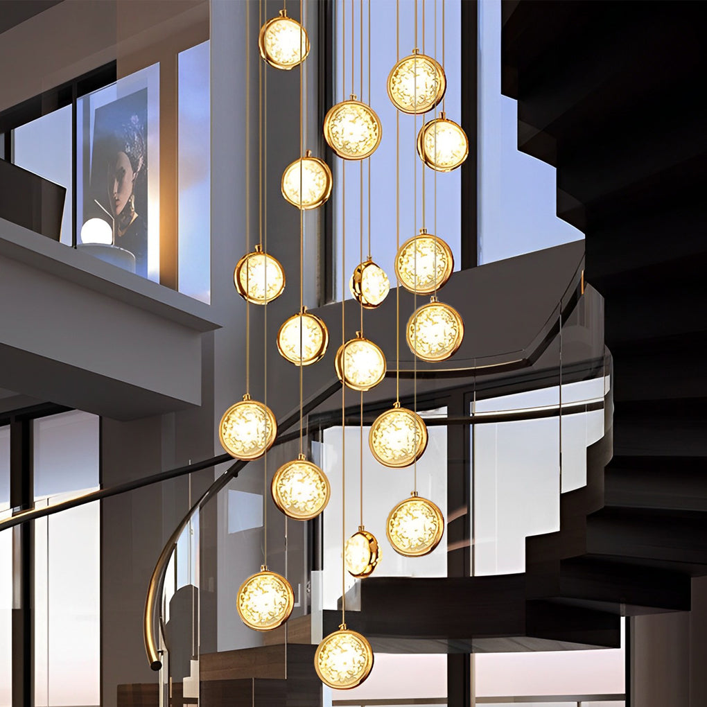 Staircase Chandelier Stainless Steel Gold Gas-Injected Hand-Blown Crystal Globe Cluster Integrated LED Modern Fixed Warm White Five Configurations 8-Light to 36-Light