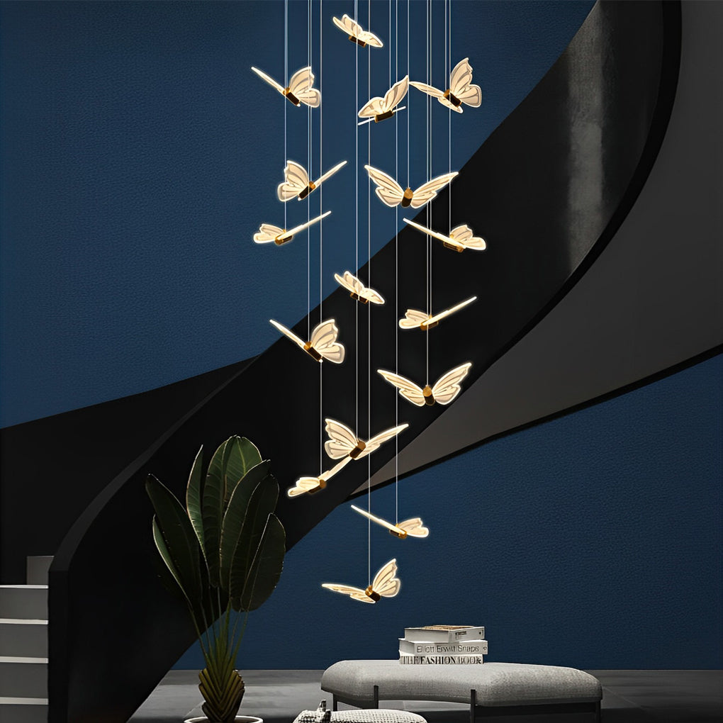 Staircase Chandelier Iron Aluminum Acrylic Butterfly Black Gold Electroplated Integrated LED Modern Retro 3-Step Colour Temperature Five Configurations 9-Light to 30-Light