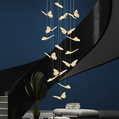 Staircase Chandelier Iron Aluminum Acrylic Butterfly Black Gold Electroplated Integrated LED Modern Retro 3-Step Colour Temperature Five Configurations 9-Light to 30-Light