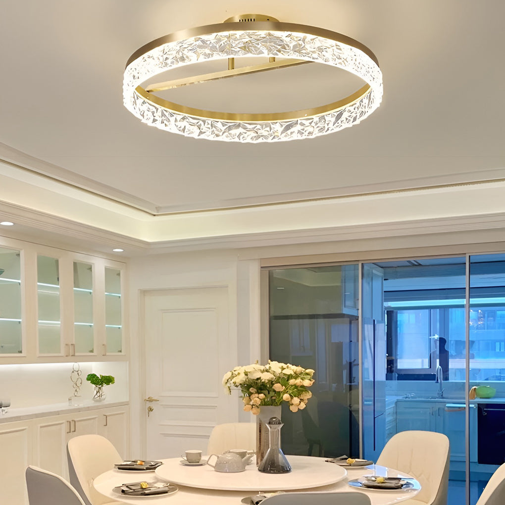 Minimalist Round LED Semi-Flush Mount Ceiling Light Modern Copper Acrylic Gold 3 Step Dimmable 20 Inch