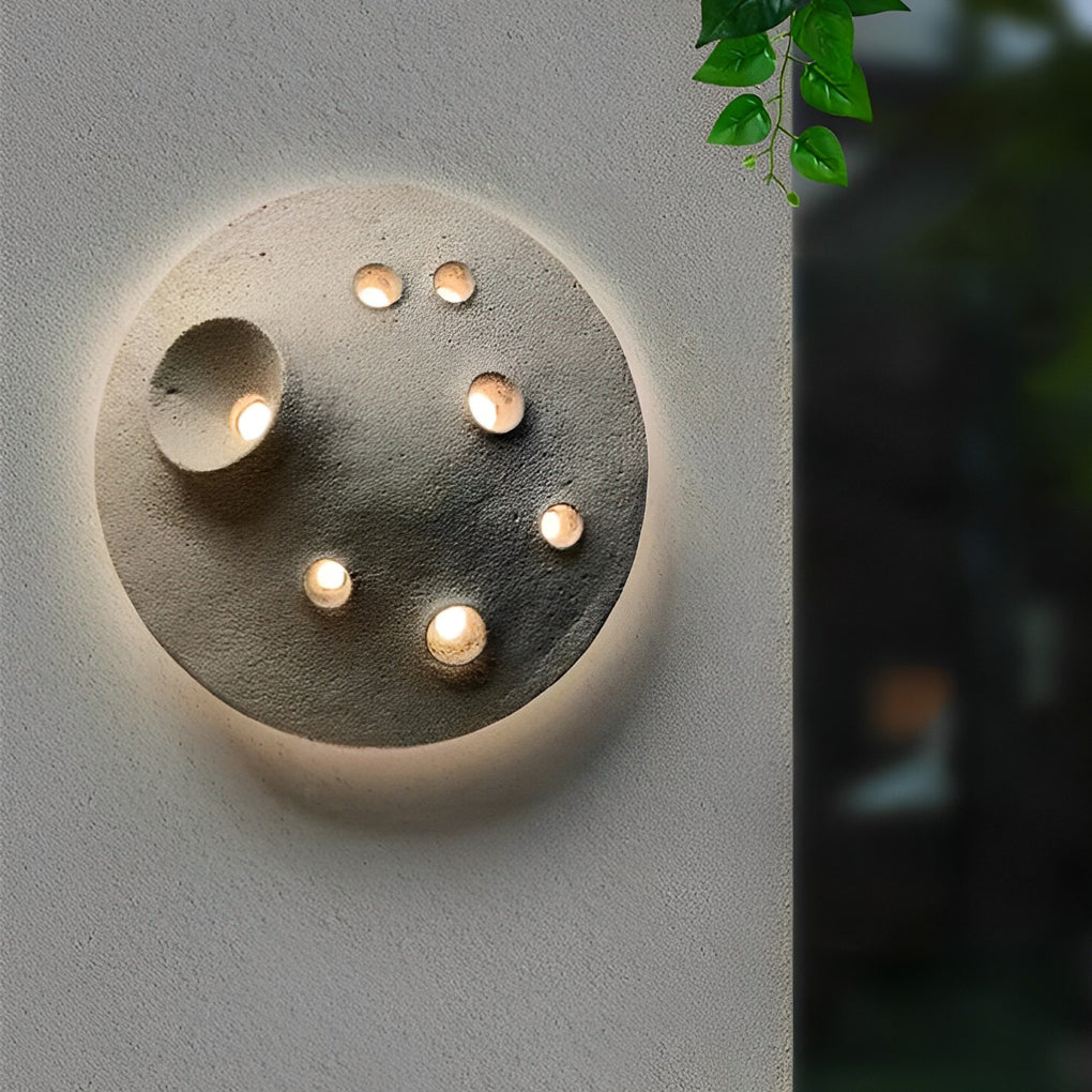 Modern Outdoor Wall Sconce Round Stone Cement Lunar Crater LED IP65 Gray Industrial 12 18 Inch