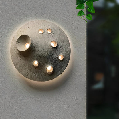 Modern Outdoor Wall Sconce Round Stone Cement Lunar Crater LED IP65 Gray Industrial 12 18 Inch
