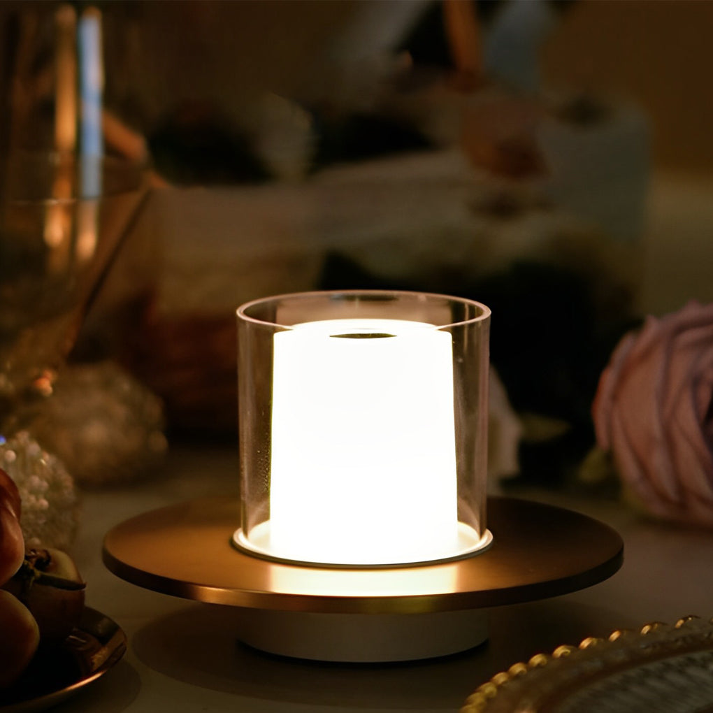 Modern Rechargeable LED Table Lamp Candle Cylinder 2400K Touch Infrared Dimmable Cordless Brass Nickel Dish Base Bedside 4 Inch