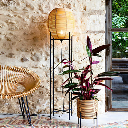 Boho Floor Lamp Rattan Globe Shade Black Iron Frame Rustic Farmhouse Warm White 3000K 3 Sizes Up To 63 Inch
