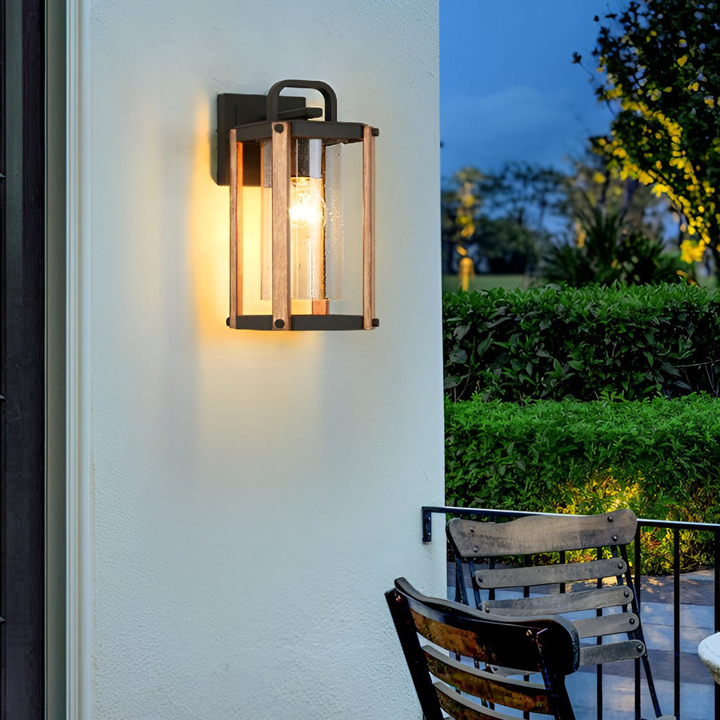Industrial Outdoor Wall Lantern Die-Cast Aluminum Iron Wood Grain Stand Glass E27 3000K Black Courtyard Villa