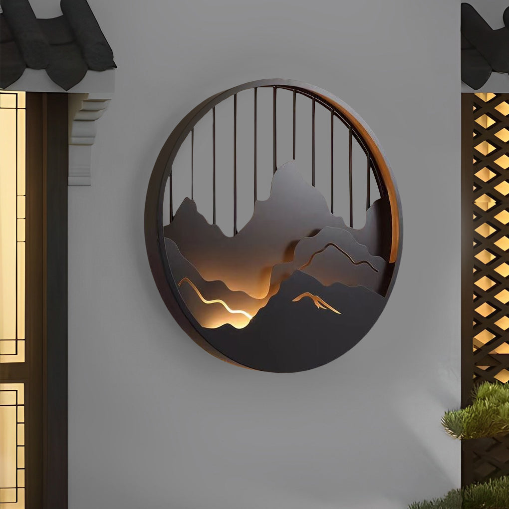 Mountain Landscape Round Outdoor Wall Light Iron LED 3000K 3 Sizes IP54