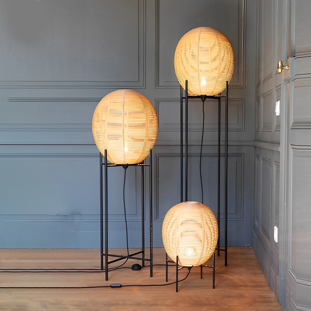 Boho Floor Lamp Rattan Globe Shade Black Iron Frame Rustic Farmhouse Warm White 3000K 3 Sizes Up To 63 Inch
