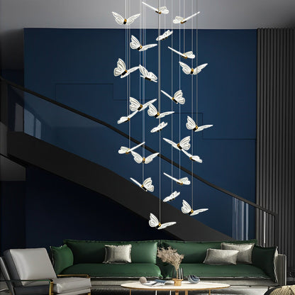 Staircase Chandelier Iron Aluminum Acrylic Butterfly Black Gold Electroplated Integrated LED Modern Retro 3-Step Colour Temperature Five Configurations 9-Light to 30-Light