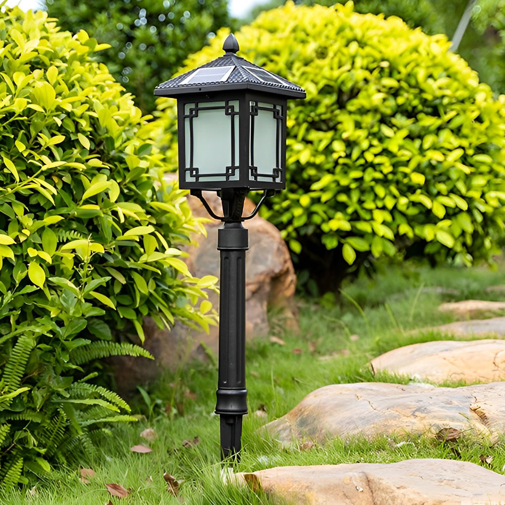 Ancient House Style Solar Outdoor Post Light Black Aluminum 3 Step Dimming Remote 3 Heights IP54