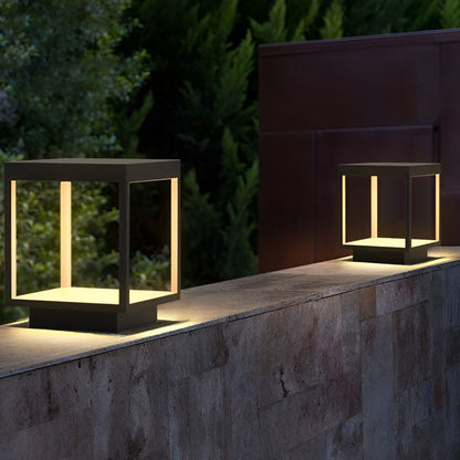 Modern Open Frame Square Outdoor Pillar Light Black Stainless Steel Acrylic Solar or Hardwired IP54 3 Sizes