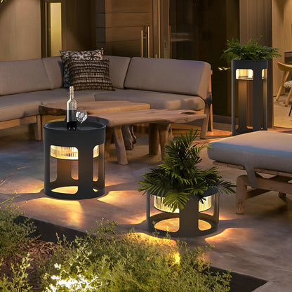 Round Outdoor Table Lamp Solar or Hardwired LED Stainless Steel Black Under-Table Lighting 3000K IP65 3 Sizes Garden Lawn
