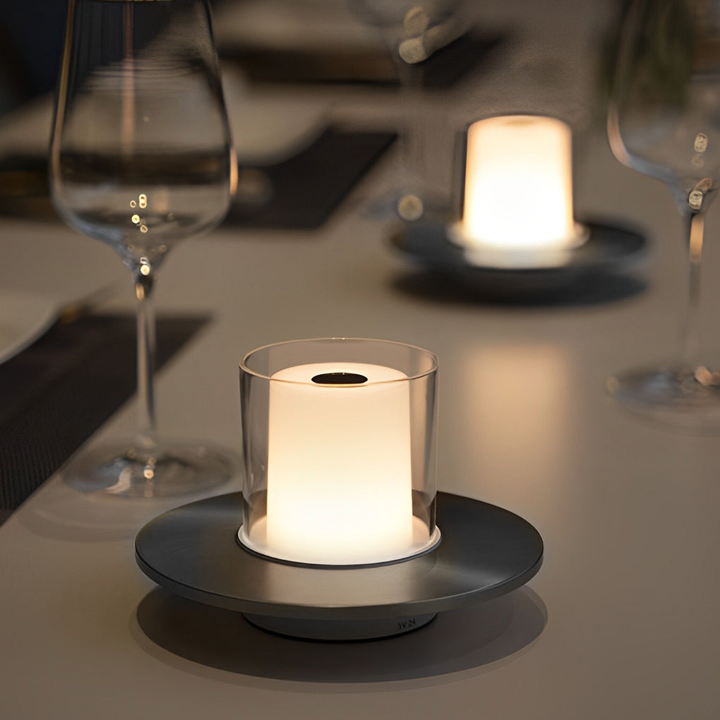 Modern Rechargeable LED Table Lamp Candle Cylinder 2400K Touch Infrared Dimmable Cordless Brass Nickel Dish Base Bedside 4 Inch