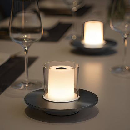 Modern Rechargeable LED Table Lamp Candle Cylinder 2400K Touch Infrared Dimmable Cordless Brass Nickel Dish Base Bedside 4 Inch