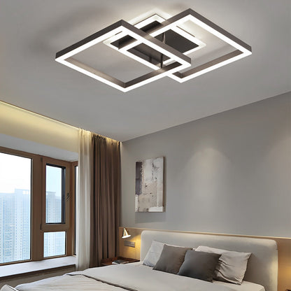 Double-Layer Overlapping Square Semi-Flush Mount Ceiling Light — Modern Nordic Brown Aluminum Acrylic LED