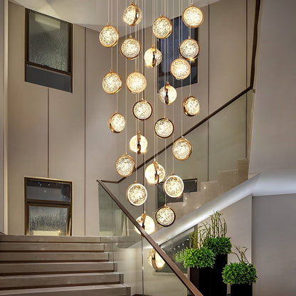 Staircase Chandelier Stainless Steel Gold Gas-Injected Hand-Blown Crystal Globe Cluster Integrated LED Modern Fixed Warm White Five Configurations 8-Light to 36-Light