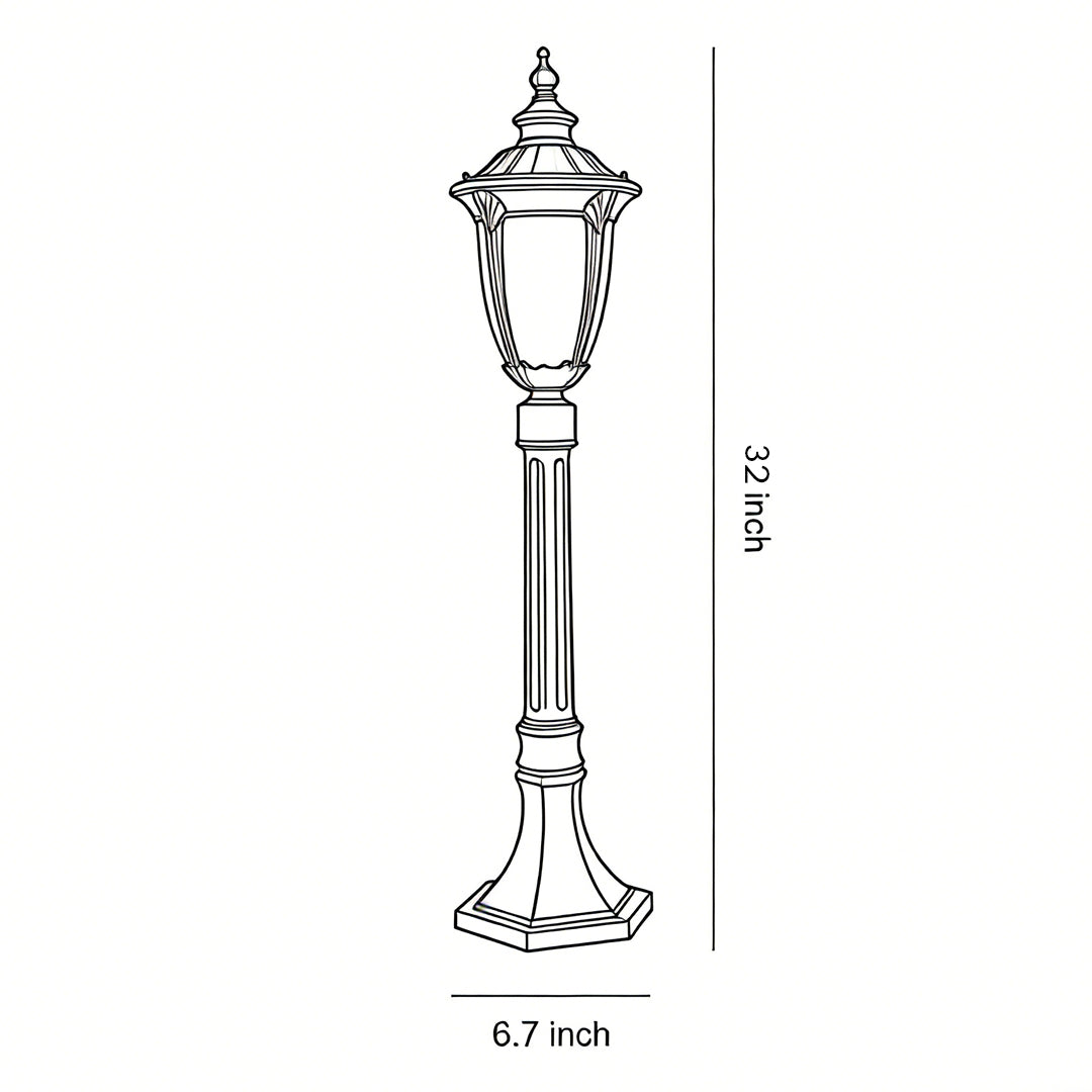 Traditional European Style Garden Post Light Black Aluminum Glass Lantern 9W 31 Inch Carved