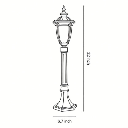 Traditional European Style Garden Post Light Black Aluminum Glass Lantern 9W 31 Inch Carved