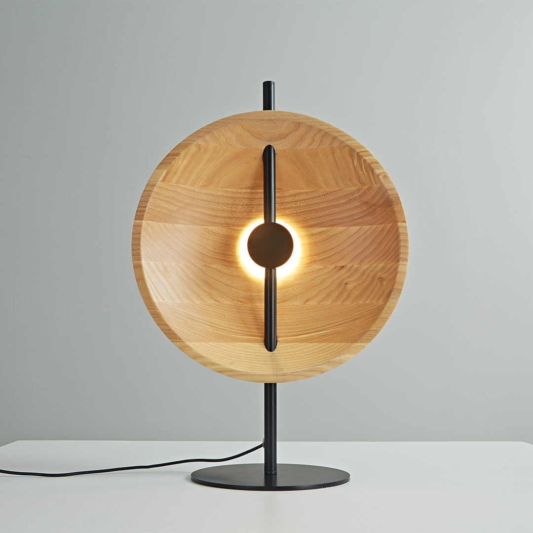 Ash Wood Round Disc Table Lamp Modern Minimalist LED Warm White Black or Natural 20.47 Inch
