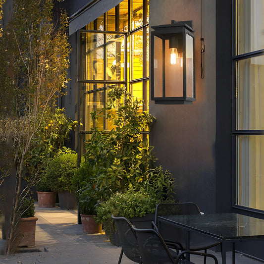 Modern Black Rectangular Glass Outdoor Wall Lantern E27 3 Heights Waterproof