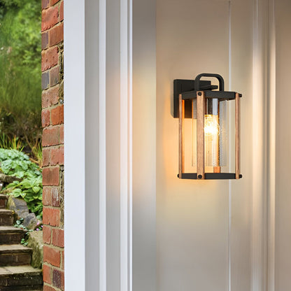 Industrial Outdoor Wall Lantern Die-Cast Aluminum Iron Wood Grain Stand Glass E27 3000K Black Courtyard Villa