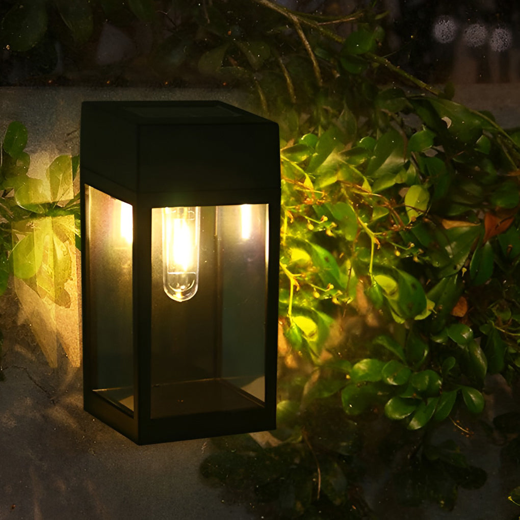 Solar LED Outdoor Wall Sconce Glass Shade Light-Controlled Auto Dusk-to-Dawn Warm White Black Community Park Fence