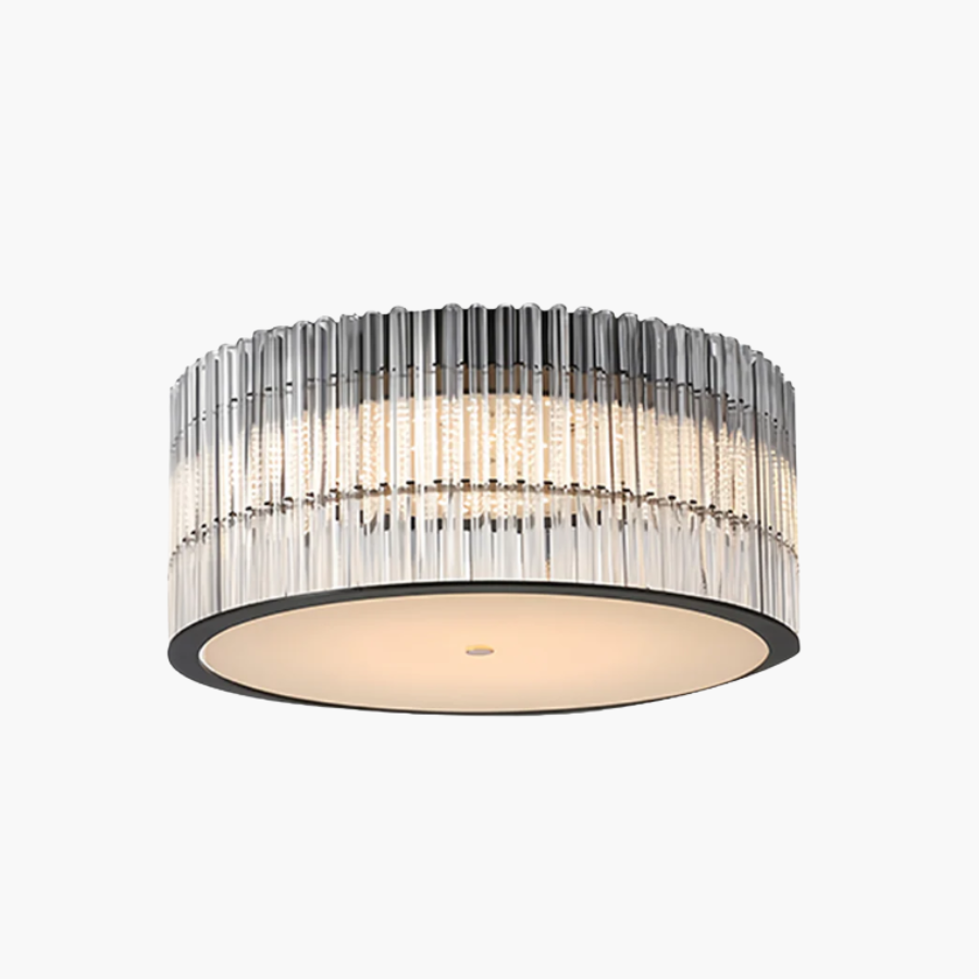Round Drum Crystal Prism Rod Flush Mount in Black Metal and Transparent Glass with Warm White Integrated LED