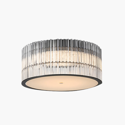 Round Drum Crystal Prism Rod Flush Mount in Black Metal and Transparent Glass with Warm White Integrated LED
