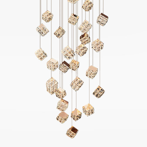 Staircase Chandelier Carbon Steel Crystal Magic Cube Champagne Gold Electroplated Integrated LED Nordic 3-Step Colour Temperature Two Configurations 15-Head to 27-Head