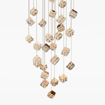 Staircase Chandelier Carbon Steel Crystal Magic Cube Champagne Gold Electroplated Integrated LED Nordic 3-Step Colour Temperature Two Configurations 15-Head to 27-Head