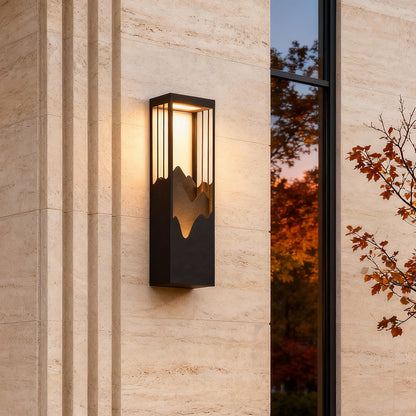 Mountain Scenery Silhouette LED Outdoor Wall Sconce Stainless Steel PC Up Down Light Solar or Hardwired 2 Sizes Courtyard Villa