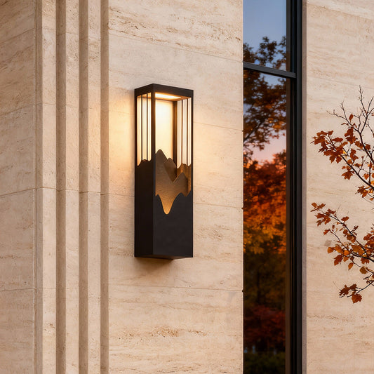 Mountain Scenery Silhouette LED Outdoor Wall Sconce Stainless Steel PC Up Down Light Solar or Hardwired 2 Sizes Courtyard Villa