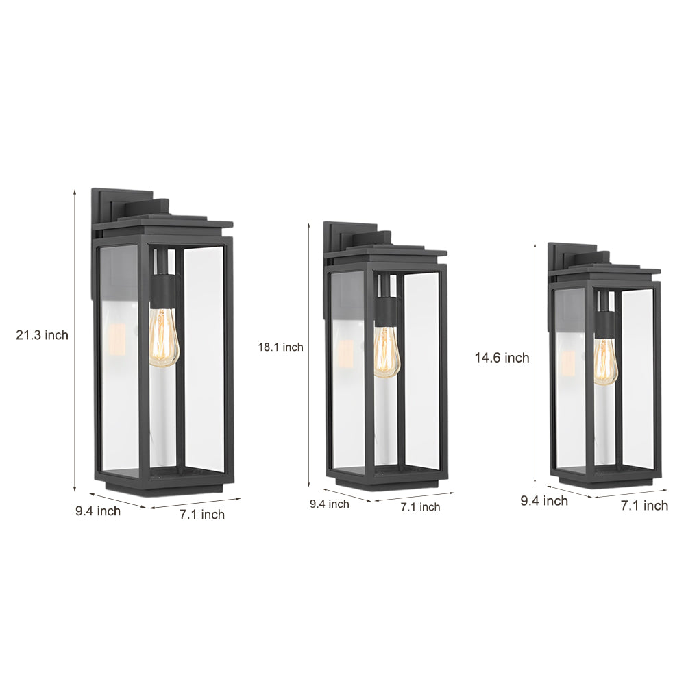 Modern Black Rectangular Glass Outdoor Wall Lantern E27 3 Heights Waterproof