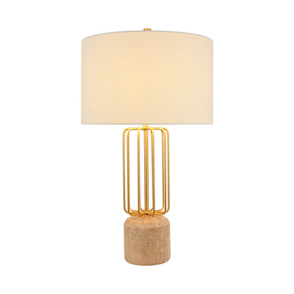 Modern Table Lamp Natural Limestone Base Geometric Brass Metal Cage White Fabric Shade E26 Nordic 28.35 Inch
