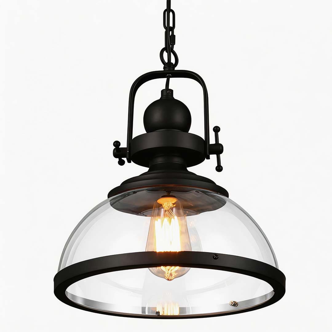 Industrial Glass Bowl Pendant Light Black Iron E27 Retro Kitchen Island Dining Room 12 Inch