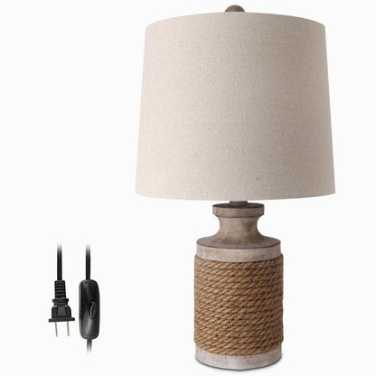 Modern Table Lamp Rustic Rope Stone Base Oatmeal Fabric Drum Shade E26 E27 LED Coastal Farmhouse Bedside Living Room 20 Inch