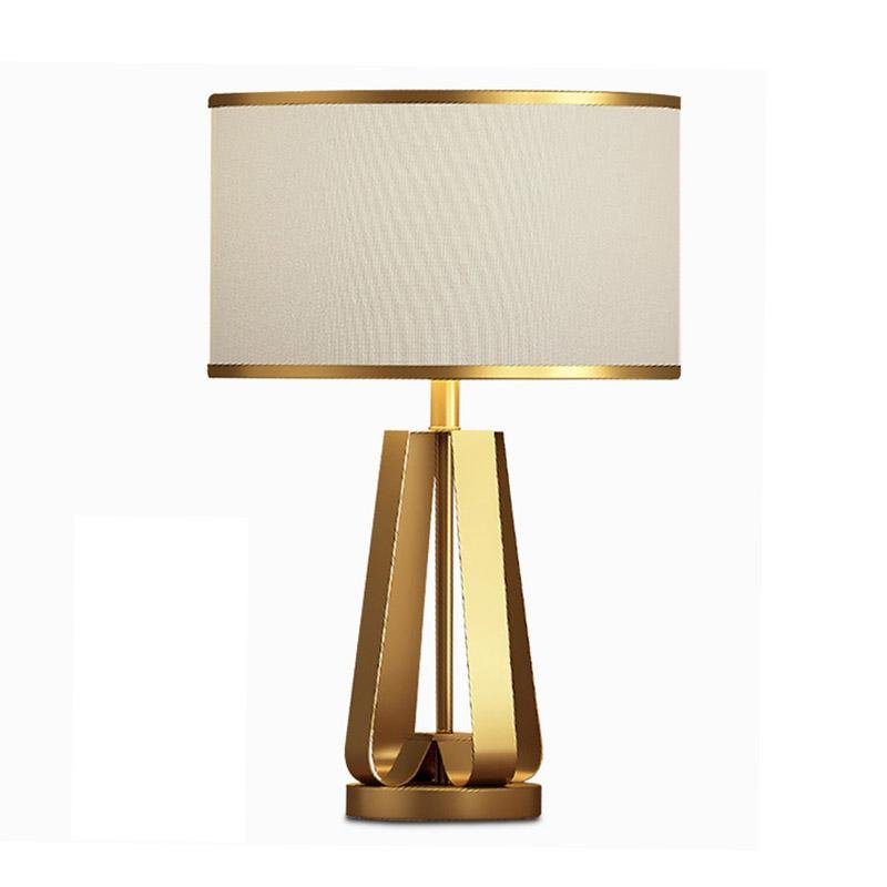 Mid-Century Brass Geometric Three-Column Table Lamp Linen Drum Shade E26 E27