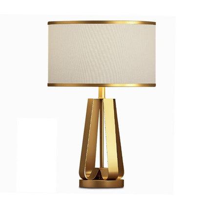 Mid-Century Brass Geometric Three-Column Table Lamp Linen Drum Shade E26 E27