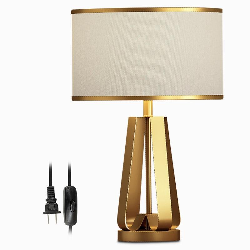 Mid-Century Brass Geometric Three-Column Table Lamp Linen Drum Shade E26 E27