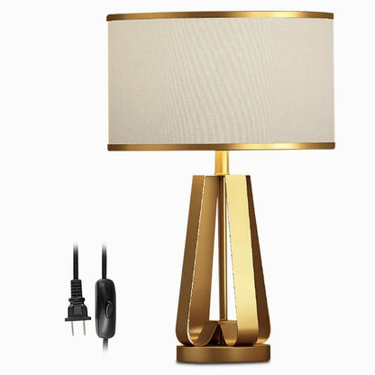 Mid-Century Brass Geometric Three-Column Table Lamp Linen Drum Shade E26 E27