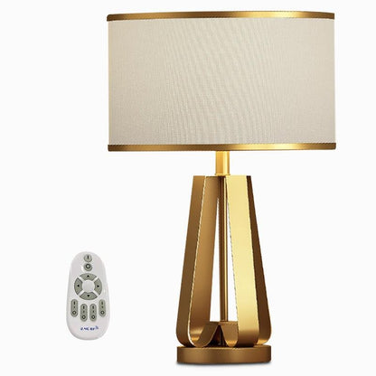 Mid-Century Brass Geometric Three-Column Table Lamp Linen Drum Shade E26 E27